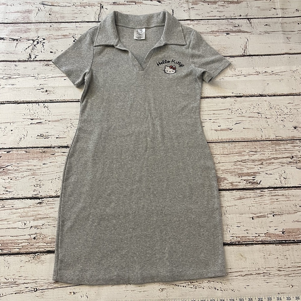 Hello Kitty Sanrio Grey Polo Dress Embroidered‎ Babydoll Summer Large Ribbed